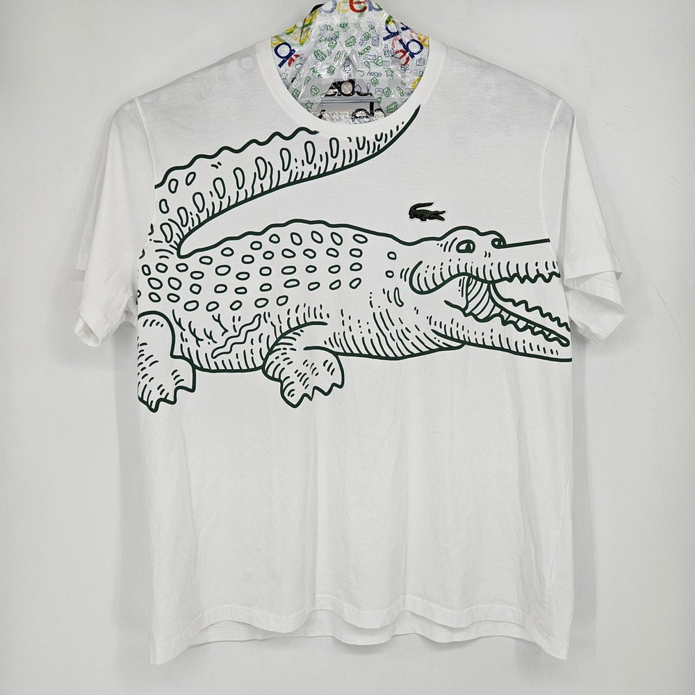 Lacoste Shirt Mens 4XLB Big Alligator Graphic Tee White Loose Fit Short Sleeve